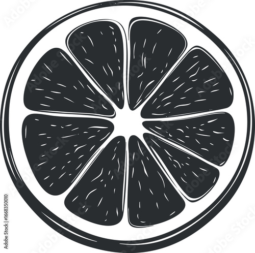Black and white vector illustration of a citrus fruit slice with visible segments and texture