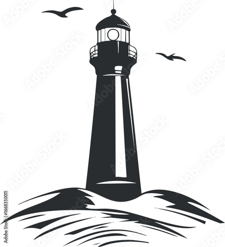 Black and white silhouette of a lighthouse on a hill with two birds flying, symbolizing coastal navigation and guidance.