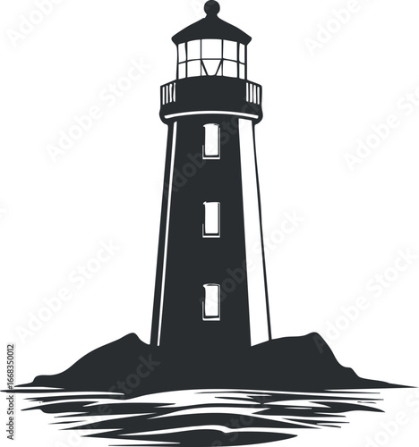Black and white silhouette of a lighthouse standing on rocky coast surrounded by water for navigation and maritime safety.