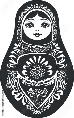 Black and white illustration of a traditional Russian matryoshka nesting doll with ornamental folk patterns.