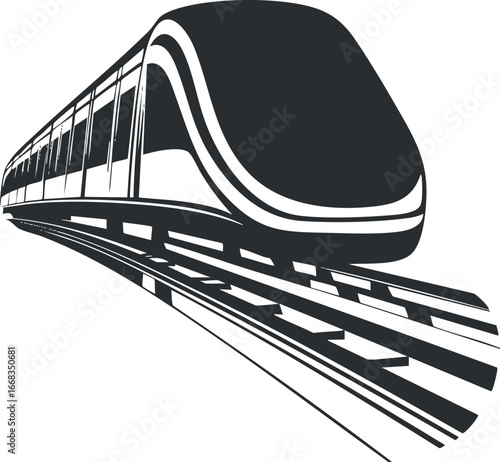Black and white vector illustration of a modern train speeding on railway tracks for transportation and travel