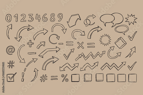 Collection of hand drawn doodle icons and symbols on kraft paper background