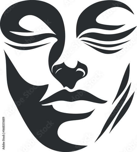 Abstract black and white artistic silhouette of a woman's face with stylized features and closed eyes
