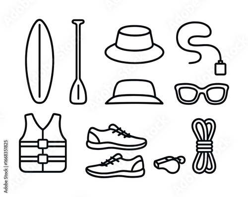 Outdoor adventure gear icons: surfboard, hat, sunglasses, shoes, life vest, whistle, rope