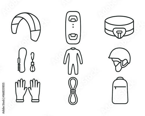 Kitesurfing equipment icons outline: kite, board, harness, helmet, wetsuit, gloves