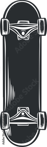 Top view of a black skateboard with wheels and trucks isolated on white background