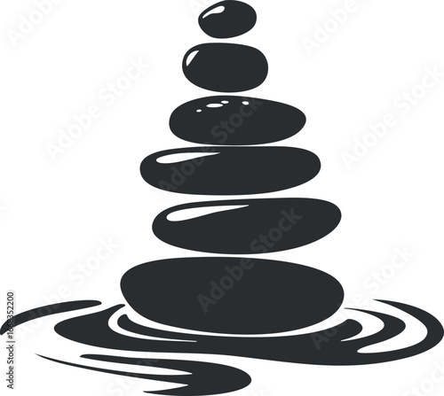 Black silhouette of stacked smooth stones balanced on rippling water symbolizing relaxation and meditation