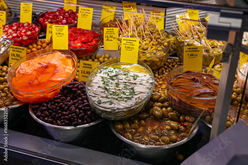 Palma de Mallorca, Spain - May 2025, antipasti food for sale in Mercat de l'Olivar