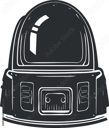 Black and white illustration of an astronaut helmet designed for space exploration and protection
