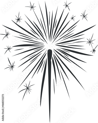 Black and white vector illustration of a sparkler firework bursting with bright sparks and radiant light effects