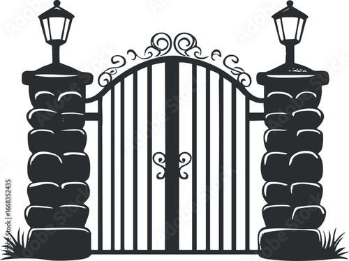 Black and white silhouette of an ornate wrought iron gate with stone pillars and lamps at the entrance