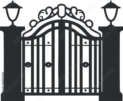 Black silhouette of ornate wrought iron gate with decorative pillars and lamps for entrance security
