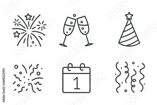 Celebration icons: fireworks, champagne glasses, party hat, calendar, and confetti