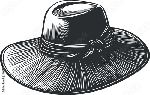 Detailed vintage style black and white illustration of a wide brim hat with a tied band around the crown