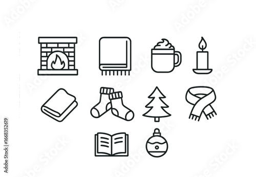 Cozy winter elements icon set with fireplace, blanket, hot beverage, candle, and more