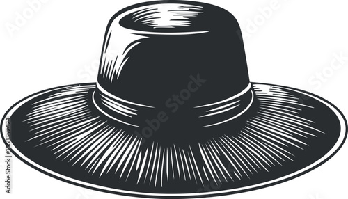 Black and white vintage style illustration of a wide brim hat with detailed texture and shading