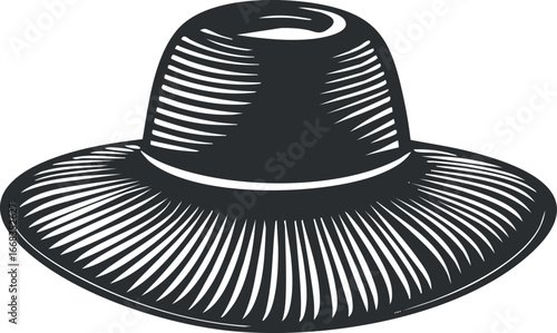 Black and white vector illustration of a wide brim hat with vintage style and textured lines
