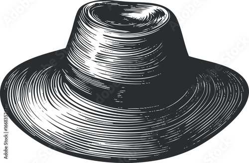 Black and white vintage illustration of a wide brim hat for fashion and sun protection