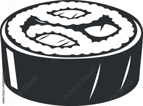 Black and white vector illustration of sushi maki roll with rice and fish wrapped in seaweed