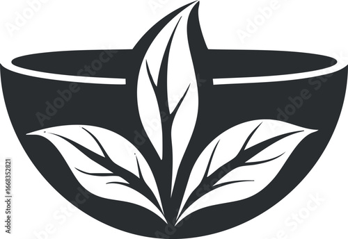 Black silhouette of a tea cup with three stylized tea leaves symbolizing herbal and natural beverage