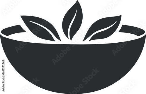 Black silhouette of a bowl containing three leaves representing natural herbs or organic ingredients for health and wellness