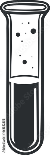 Black and white illustration of a test tube half-filled with liquid and bubbles for scientific experiments