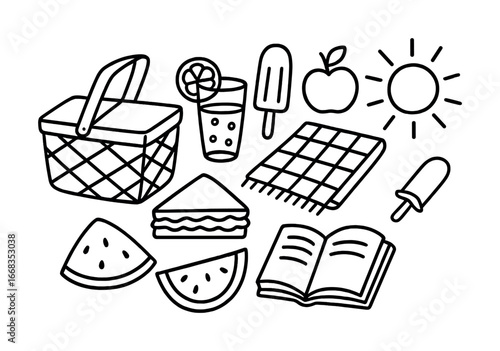 Black and white picnic outline with basket, snacks, and summer elements
