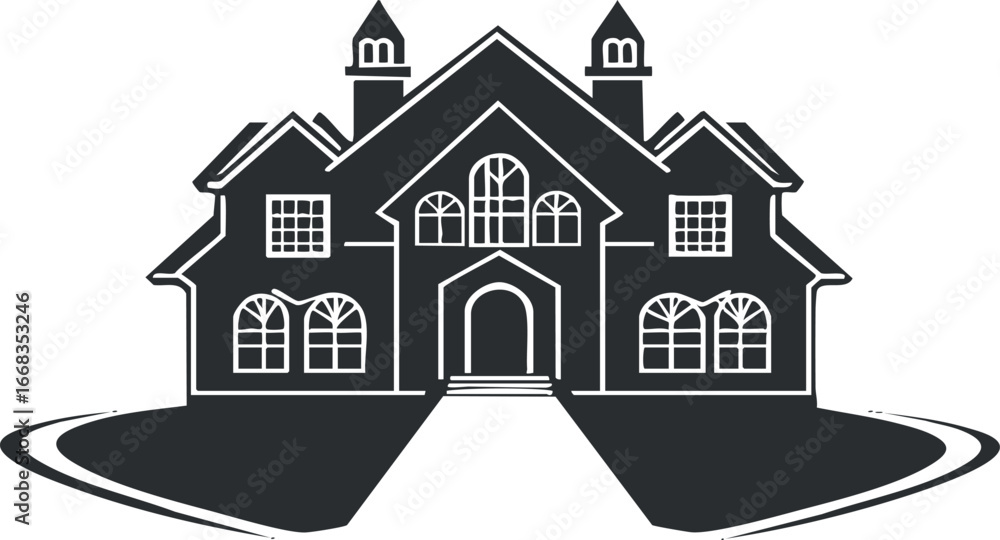 Fototapeta premium Black and white illustration of a large mansion with multiple windows and front pathway
