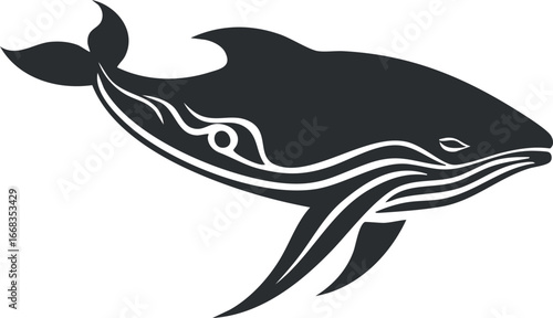 Black and white silhouette illustration of a humpback whale swimming underwater in the ocean.