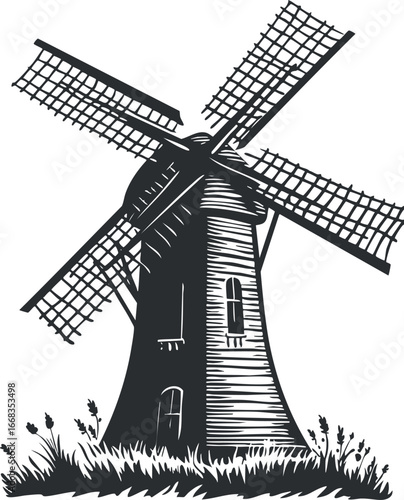Black and white illustration of a traditional windmill with blades in a grassy rural field.