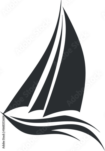 Black and white minimalistic sailboat icon with large sails and flowing waves on water