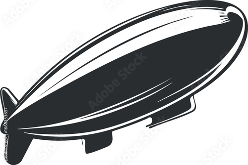 Black and white illustration of a zeppelin airship flying in the sky with retro style