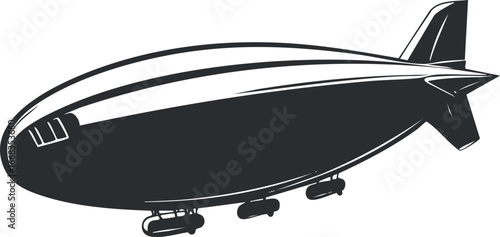 Black and white illustration of a vintage airship blimp flying in the sky for transportation and aviation concepts