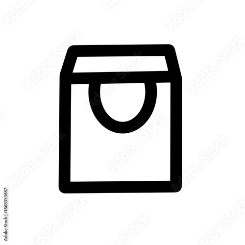 Illustration of a simple black outline of a square bag with a u shaped handle on a white background