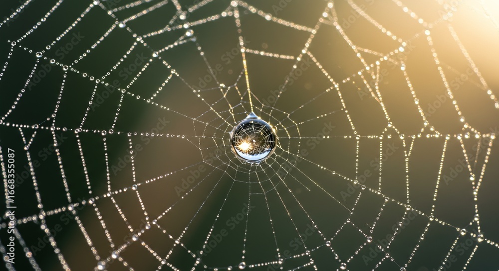 Obraz premium Stunning spider web with dew drops glistening in sunlight, nature's beauty captured up close