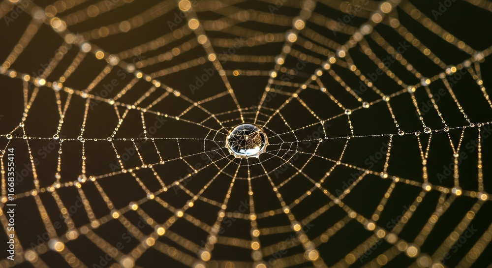 Obraz premium Stunning spider web glistening with morning dew drops reflecting light, close up macro shot