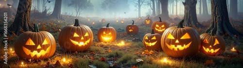 Spooky carved pumpkins lighting mysterious foggy forest on halloween night.