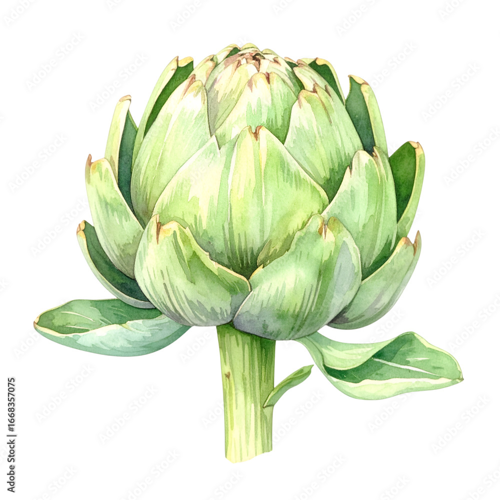Fototapeta premium Watercolor Artichoke Watercolor Painting: A beautifully rendered watercolor painting of a fresh artichoke, its layers of leaves and stem, isolated against a clean backdrop.