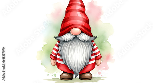 Cute Scandinavian Gnome Illustration (Tomte/Nisse) — Whimsical Red-Hatted Christmas Gnome with Striped Outfit and Long White Beard for Holiday Stickers, Cards, and Home Decor