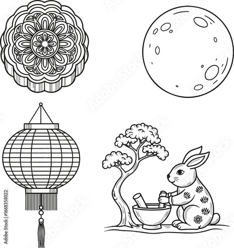 Isolated a Autumn Festival icon set featuring mooncakes, lanterns, full moon, Jade Rabbit in traditional linear style. Celebratory symbols for family gatherings and seasonal rituals, vector art .