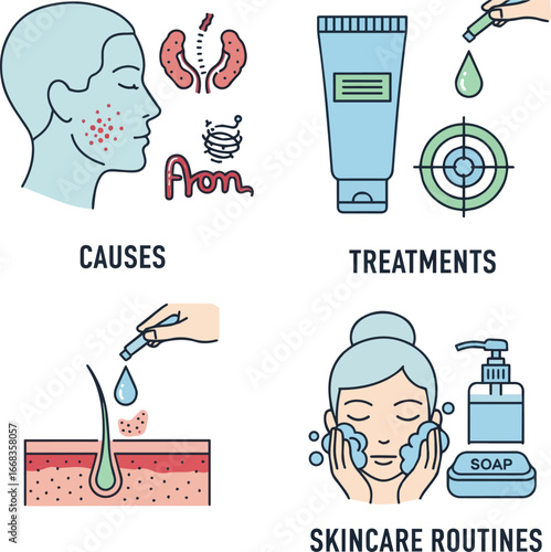 Isolated a Acne causes, treatments and skincare routines shown in a dermatology icon set. Includes inflammation, hormonal triggers, topical products and hygiene practices vector art silhouette .