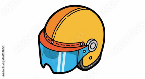 A vibrant yellow motorcycle helmet with a clear blue visor, depicted in a cartoon style.