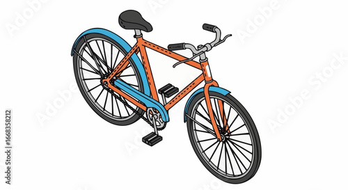 An orange and blue bicycle with black wheels and a comfortable seat.