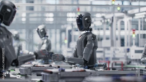 3D Animation: Industrial Automation AI Accelerated: Advanced Robot Working on Complex Detail in Industrial Environment. Autonomous AI Powered Humanoid Robots Work at Factory on Assembly Line. 