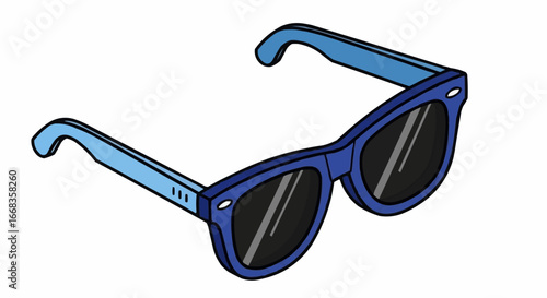 A pair of blue framed sunglasses with dark lenses, presented from a slightly elevated angle.
