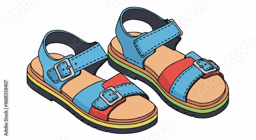 Colorful children's sandals with buckles.
