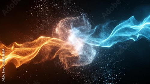 Abstract art featuring merging streams of orange and blue light particles on a black background