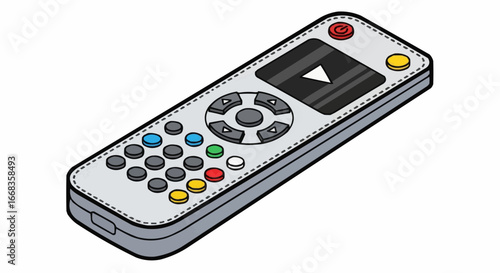 Isometric pixel art illustration of a modern grey remote control with various buttons for media playback and channel selection.