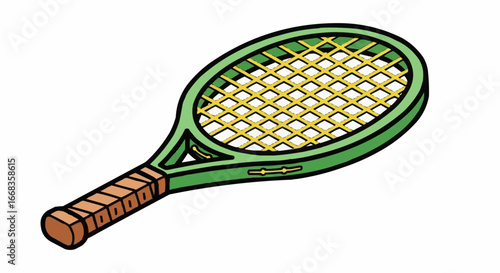 Green tennis racket with a brown grip and yellow strings, ready for a game.