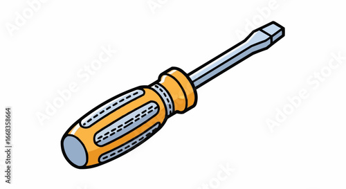 A cartoon illustration of a flathead screwdriver with a yellow and orange textured handle and a silver shaft.